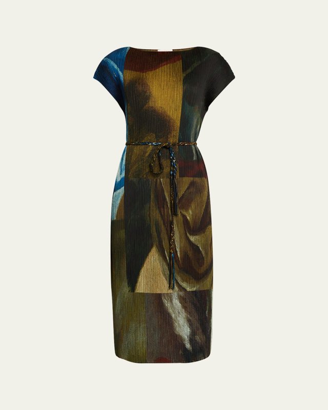 Pleated Abstract-Print Midi Dress